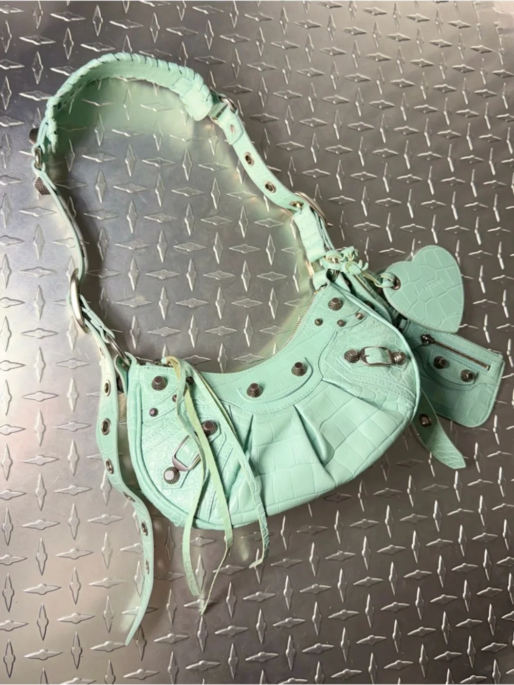 Balenciaga Supple Calfskin Croc Embossed Le Cagole Shoulder Bag in Green Aqua - Picture 3 of 11
